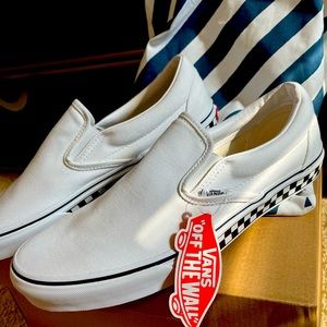Custom white Canvas Vans slip ons with checkered platform